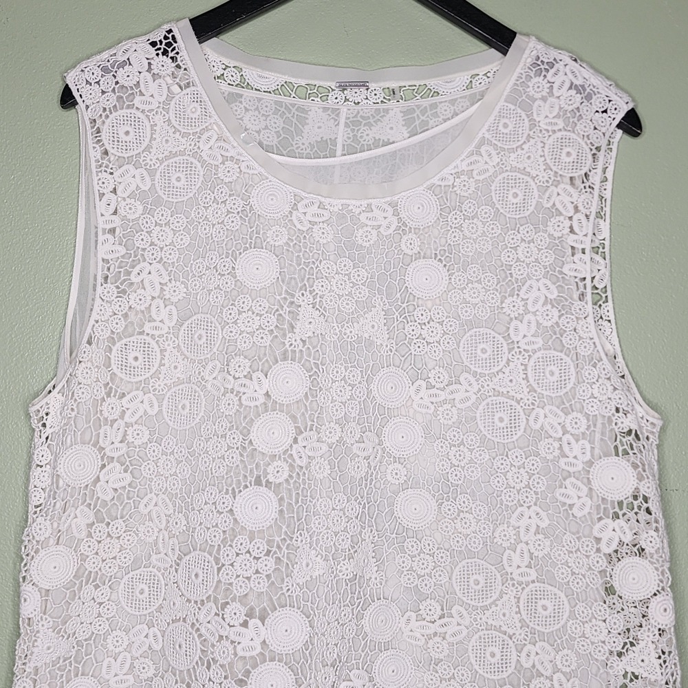 Elie Tahari Crochet Overlay Top Ivory Sleeveless Cotton Silk Boho Preppy Cottage - Picture 2 of 8